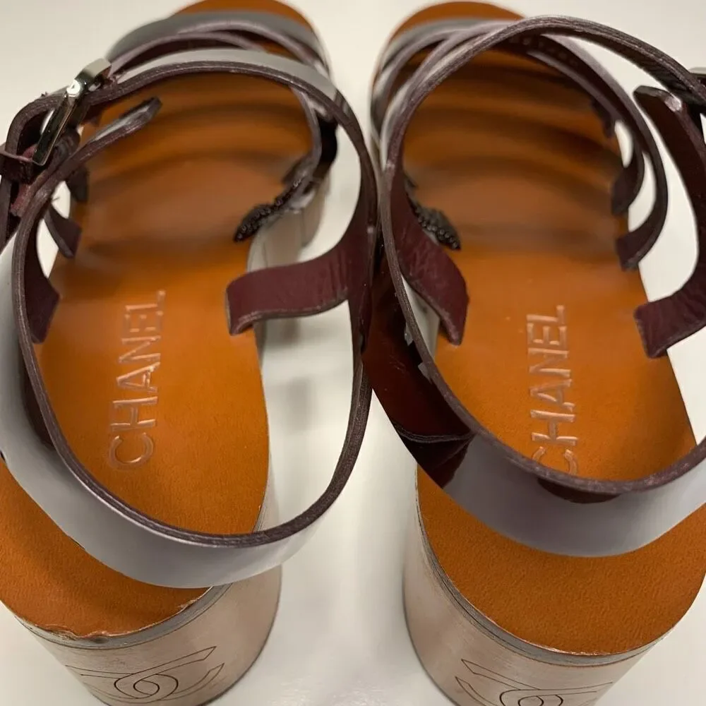 Chanel Burgundy Patent Leather CC Logo Wooden Platform Sandals EU 38 US 7-7.5